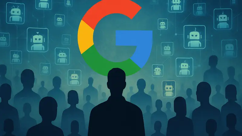 Абстрактное изображение с логотипом Google и элементами, символизирующими множество ИИ-агентов