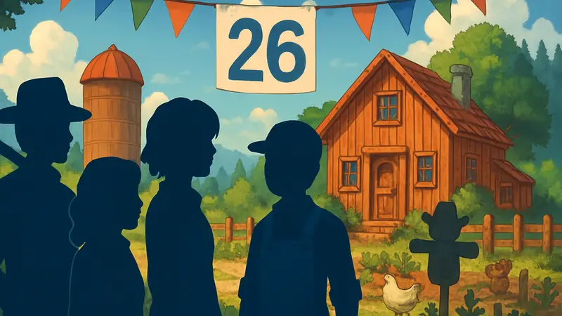 Персонажи Stardew Valley на фоне фермы, возможно, с изображением цифры 26 февраля и праздничного баннера.