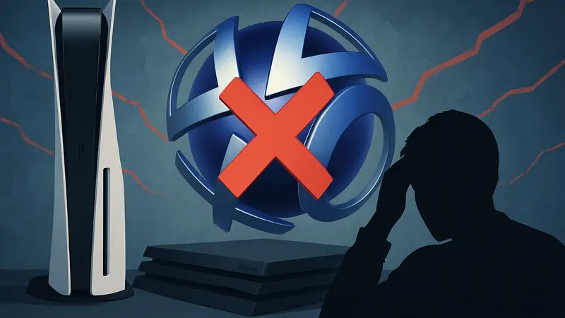 Логотип PlayStation Network (PSN) на фоне консолей PS5 и PS4, символизирующий сбой. Проблемы PSN, PSN не работает, сбой PlayStation.