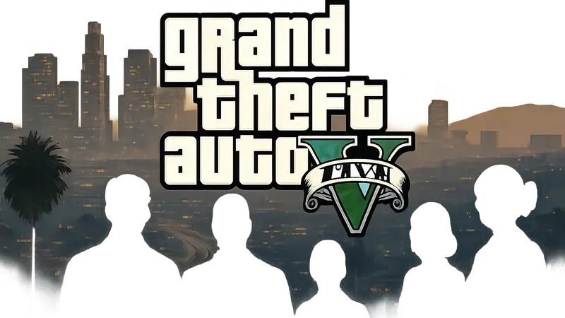 Логотип Grand Theft Auto V на фоне города Лос-Сантос