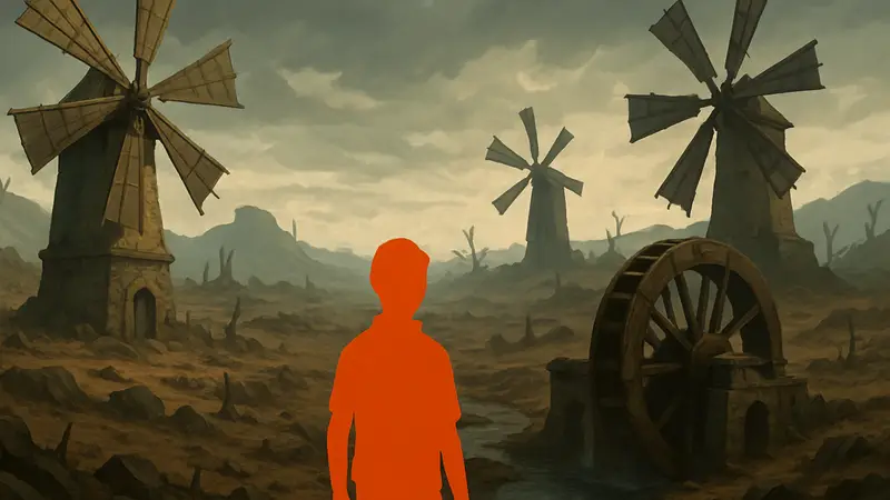 Игровой мир Pokopia Withered Wasteland с ветряными мельницами и водяными колесами