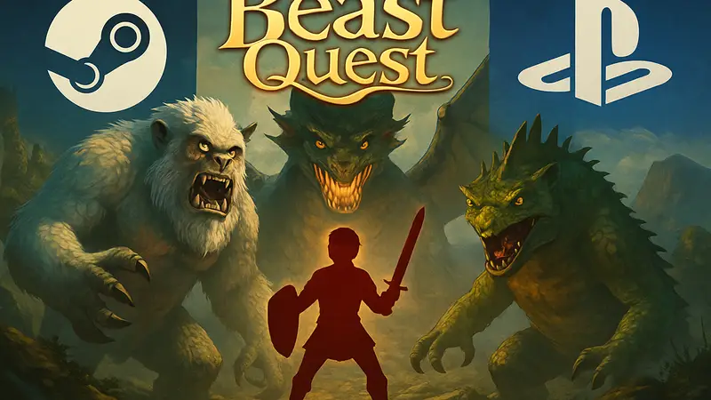 Обложка игры Beast Quest с монстрами и героем на фоне Steam и PlayStation Store