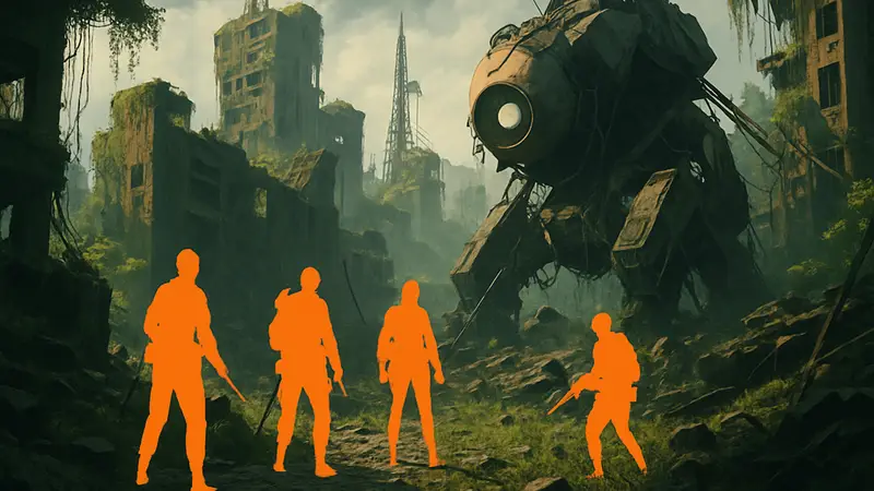 Игровой мир Arc Raiders, группа игроков исследует постапокалиптические руины.