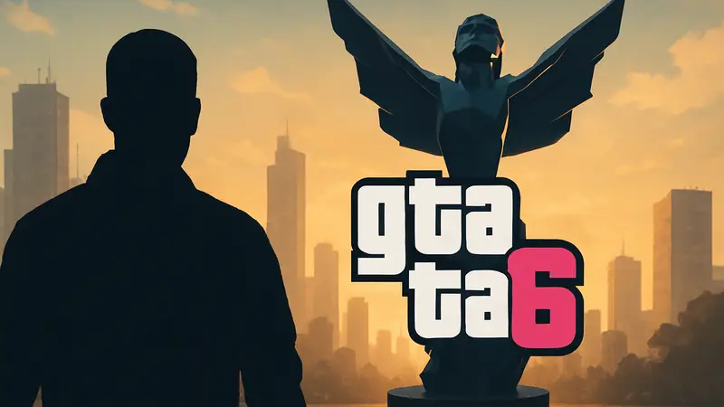 Логотип Grand Theft Auto 6 на фоне статуэтки The Game Awards, символизирующий игровую награду