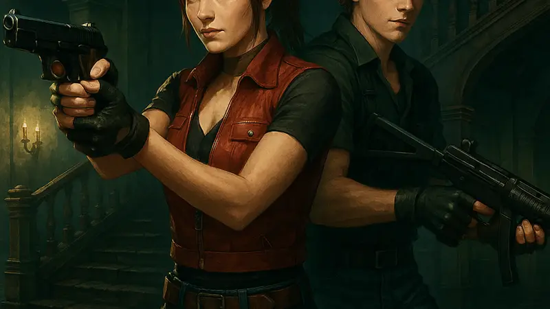 Персонажи Resident Evil Code: Veronica, Клэр Редфилд и Стив Бернсайд, в заброшенном особняке.