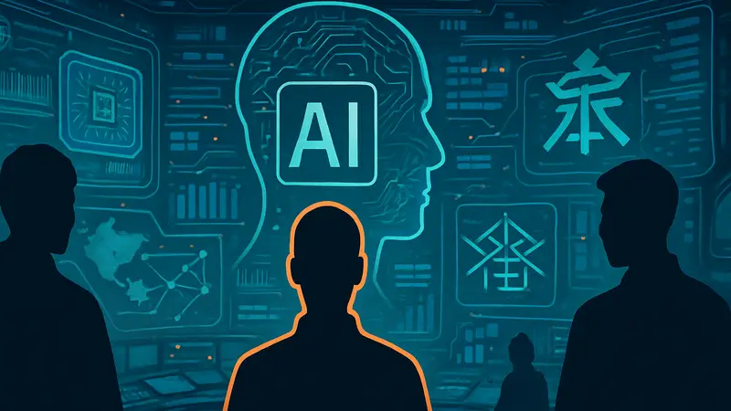 Футуристический интерфейс ИИ, демонстрирующий азиатские технологии и стартапы.