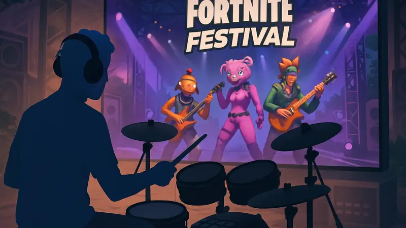Игрок играет в Fortnite Festival на MIDI-барабанах