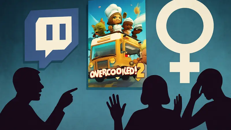 Логотип Twitch и постер игры Overcooked 2 на фоне символики Женского дня, вызывающий споры.