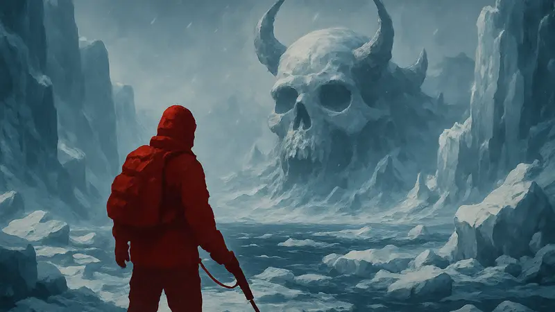 Обложка игры Bloodwoven, показывающая морозный хоррор и выживание среди льдов.