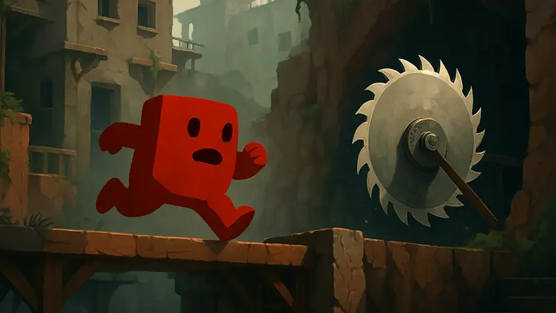 Кадр из Super Meat Boy с главным героем, который убегает от циркулярной пилы.