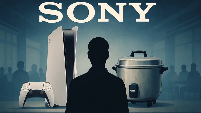 Логотип Sony с изображениями PlayStation 5 и старой рисоварки