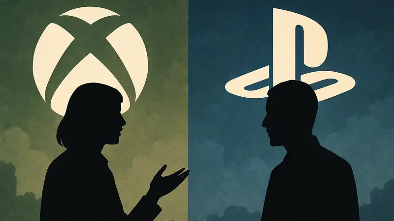 Логотипы Xbox и PlayStation на контрастном фоне, символизирующие диалог между конкурентами.