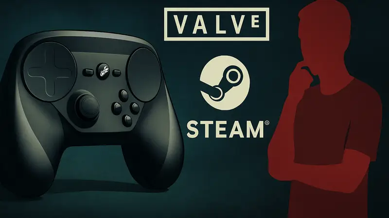 Steam Controller на тёмном фоне рядом с логотипом Valve и надписью Steam, символизирующий игровую ошибку.