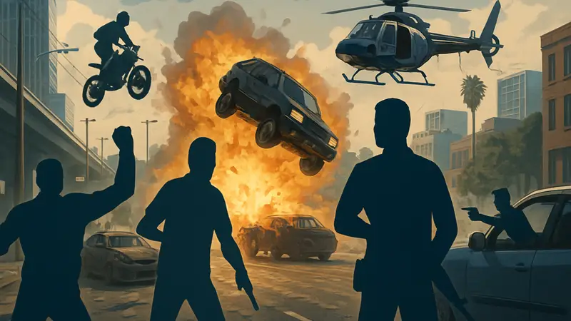 Кадры из различных игр с открытым миром, показывающие хаотичный геймплей и свободу действий, например, Grand Theft Auto V.