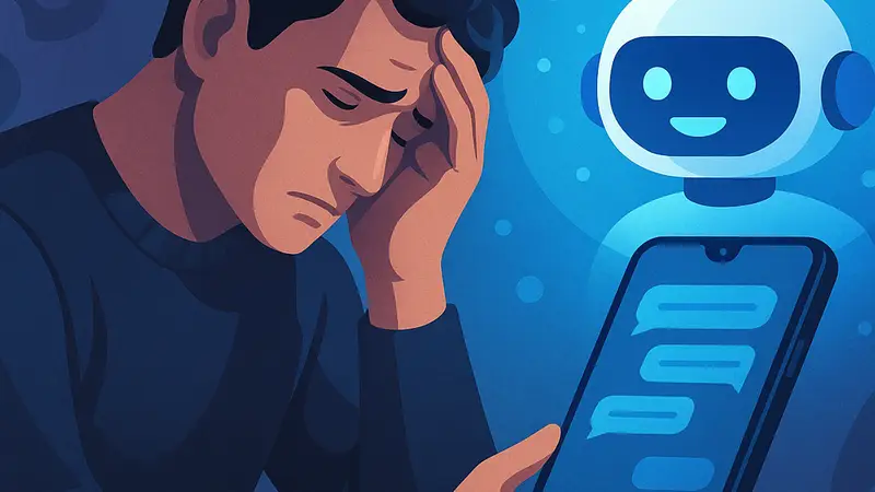 Изображение человека, взаимодействующего с ИИ-чат-ботом на экране смартфона, символизирующее влияние технологий на психику.