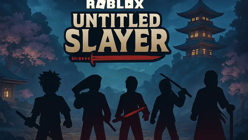 Логотип игры Roblox Untitled Slayer с изображением персонажей и игровых элементов