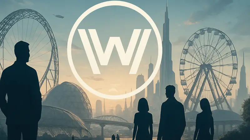 Логотип сериала "Мир Дикого Запада" (Westworld) на фоне футуристического парка аттракционов.