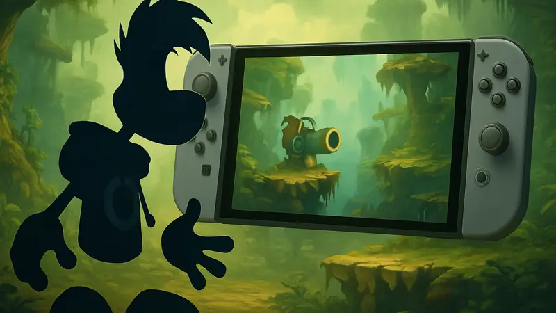 Персонаж Rayman из Rayman Legends Retold на фоне Nintendo Switch 2