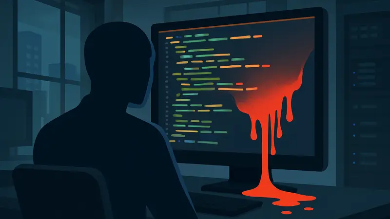 Исходный код Claude Code на экране монитора, символизирующий утечку данных ИИ