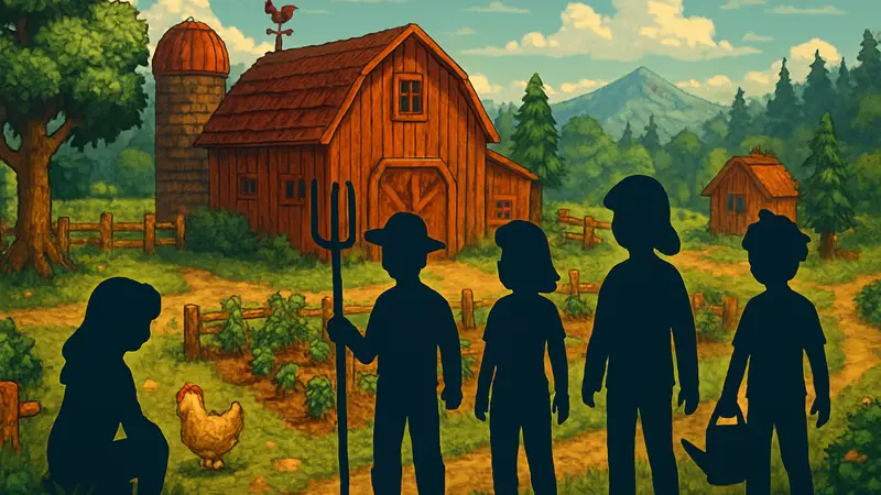 Пиксельный арт Stardew Valley, фермерство и персонажи, символизирующие уютные игры.