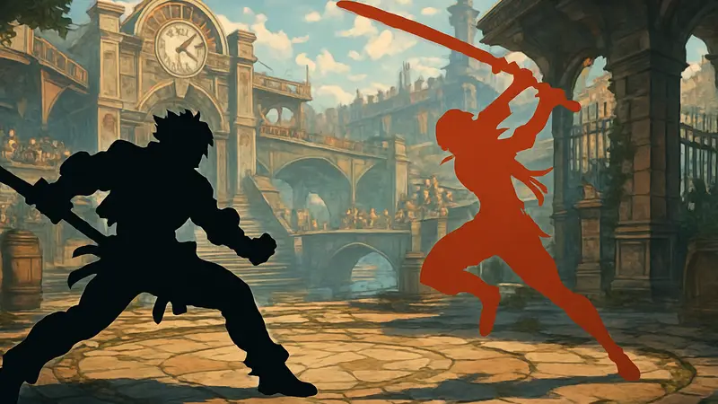 Изображение Guilty Gear Strive с персонажами, демонстрирующими боевые приёмы на арене.