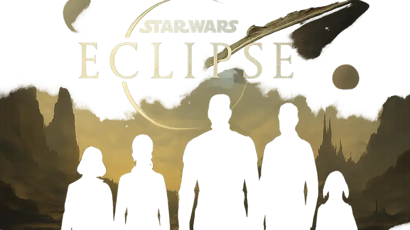 Логотип Star Wars Eclipse на фоне силуэтов персонажей и космического корабля, символизирующего угрозу для проекта.