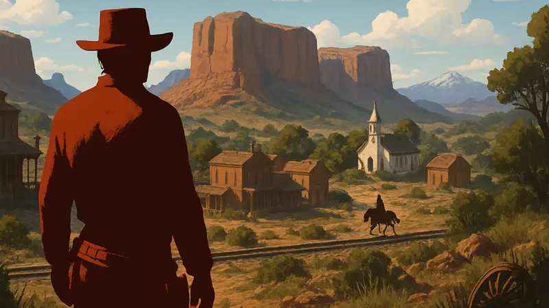 Кадр из игры Red Dead Redemption с акцентом на детализированное окружение и пейзаж дикого запада.