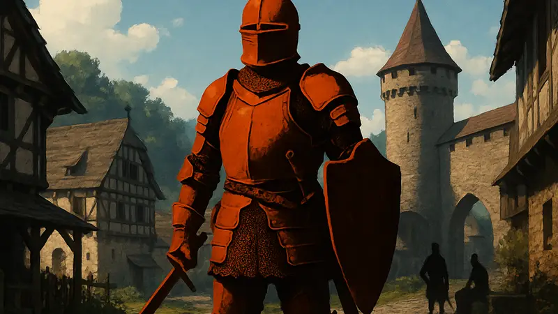 Средневековый рыцарь в полном комплекте брони из Kingdom Come: Deliverance 2.