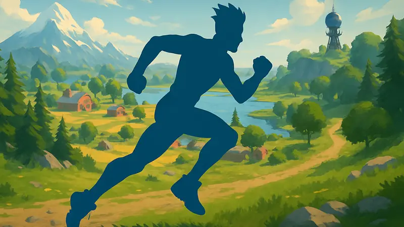 Персонаж Fortnite пересекает карту 7 сезона, демонстрируя скорость передвижения игрового аватара.