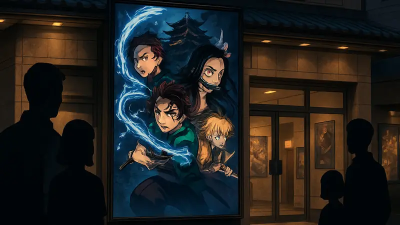 Постер аниме «Клинок, рассекающий демонов: Замок Бесконечности» на фоне японского кинотеатра.