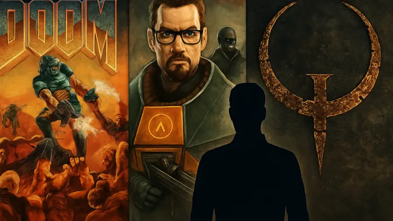 Коллаж из обложек культовых FPS-игр, таких как Doom, Half-Life и Quake, символизирующих рейтинг лучших шутеров.
