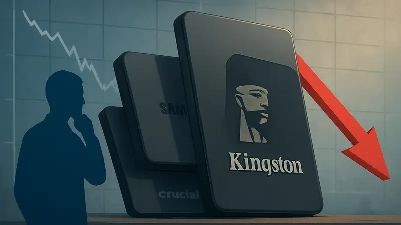 Портативный SSD Kingston с логотипом компании на фоне других SSD от Samsung и Crucial, иллюстрирующий падение цен.