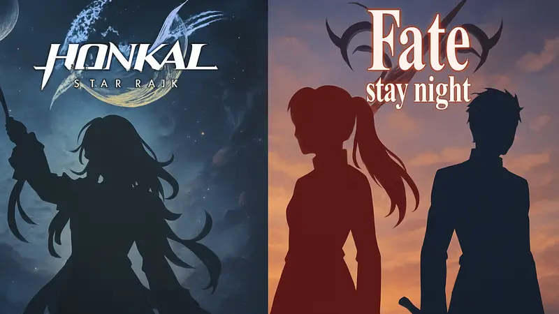 Арт персонажей Honkai: Star Rail и Fate/stay Night на фоне логотипов.