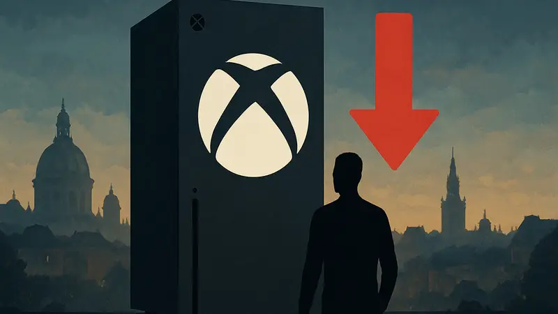 Логотип Xbox на фоне консоли, символизирующий снижение цен на игры в Европе.