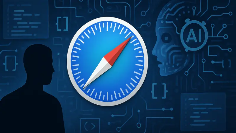 Логотип Apple Safari на фоне стилизованных элементов ИИ и кода, символизирующих новые расширения.
