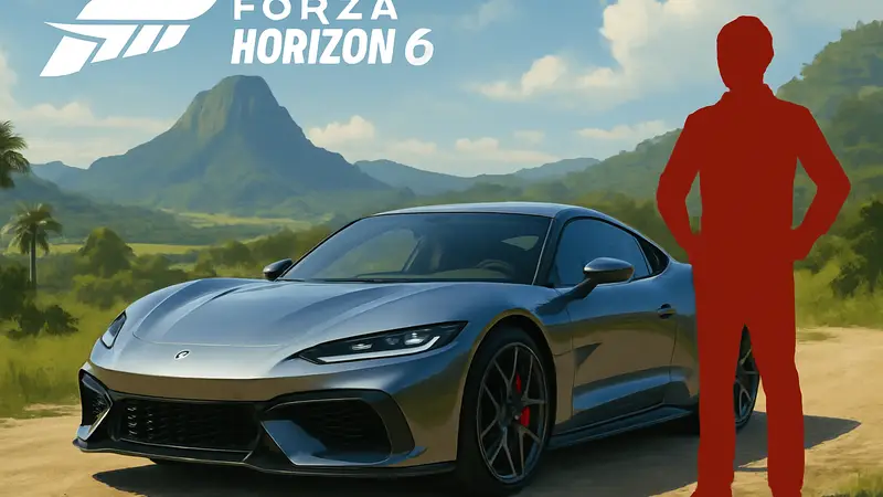 Новый гоночный автомобиль в Forza Horizon 6 на фоне живописного пейзажа, демонстрирующий улучшенную графику.