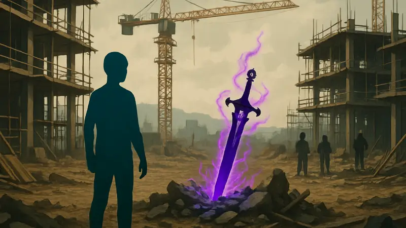 Иллюстрация проклятого клинка на строительной площадке в игре Neverness to Everness (NTE).