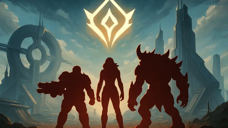 Логотип Stormgate с изображением персонажей игры на фоне футуристических сооружений.