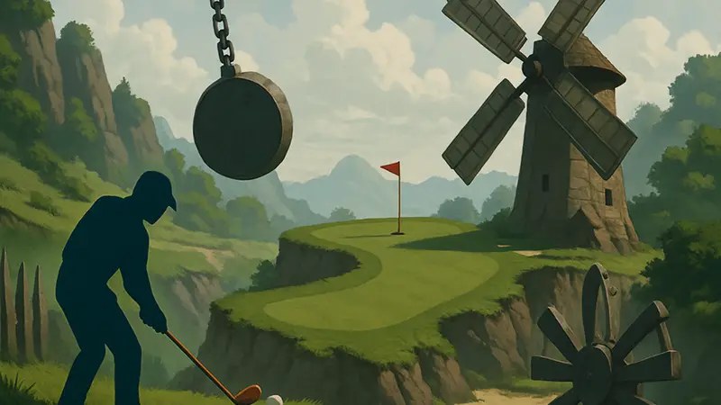 Игровой скриншот Normal Golf Game, демонстрирующий необычные препятствия на поле для гольфа.
