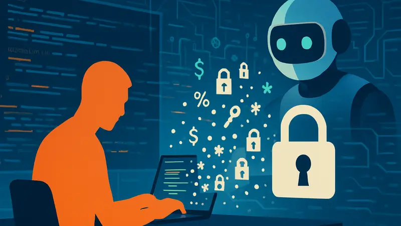 Иллюстрация утечки данных из ИИ-систем через prompt injection, показывающая код и символы