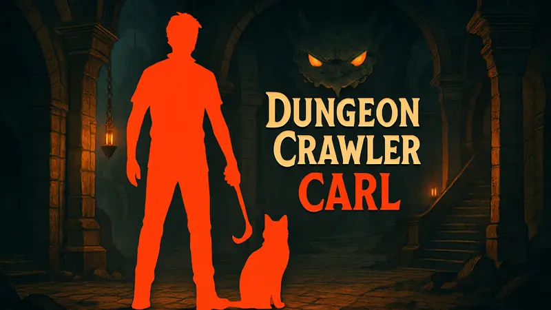 Логотип Dungeon Crawler Carl на фоне игрового элемента