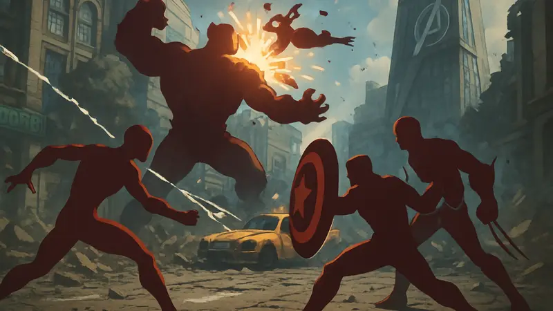 Кадр из игры Marvel Tokon, изображающий эффектные боевые сцены и персонажей Marvel.