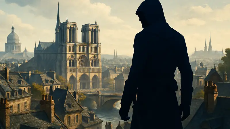Логотип Assassin's Creed Unity с персонажем Арно Дорианом на фоне Парижа