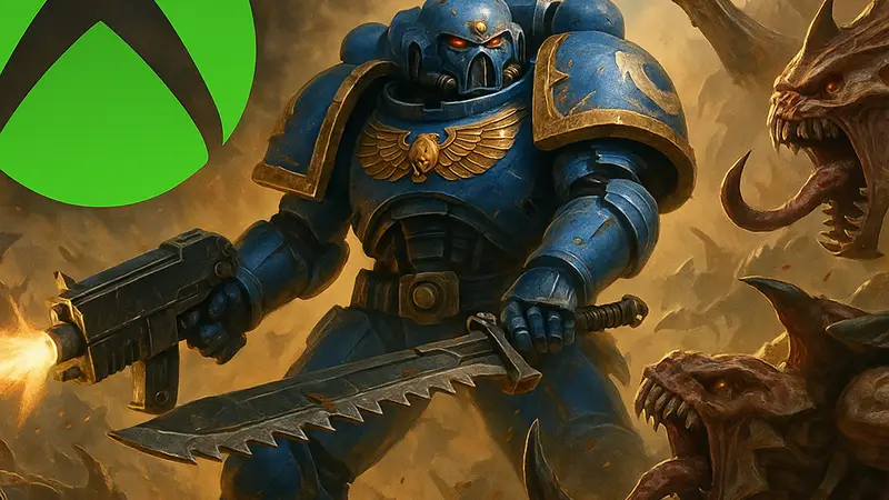 Логотип Xbox Game Pass и космодесантник из Space Marine 2, сражающийся с тиранидами.