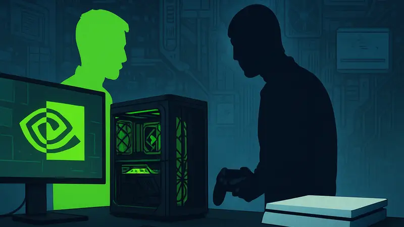 Изображение символизирующее противостояние ПК и PlayStation, с акцентом на графические технологии NVIDIA