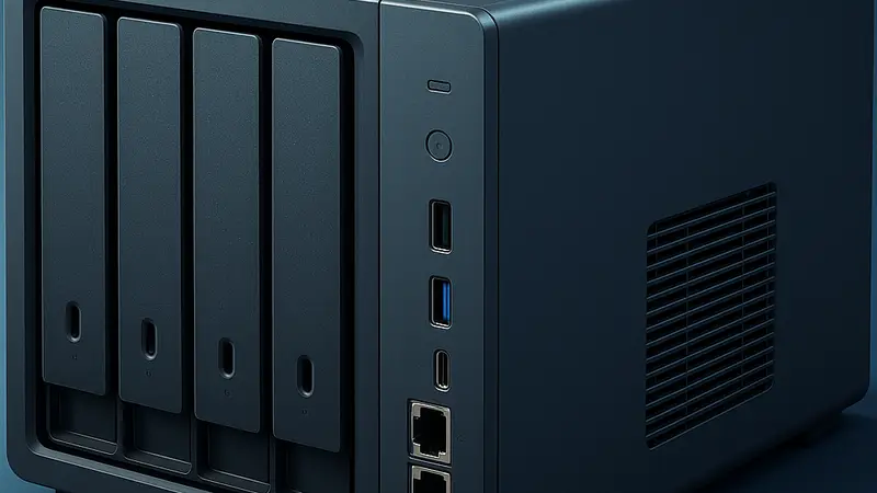 Изображение сетевого накопителя UnifyDrive UC450 Pro с видом на корпус и порты, подчеркивающее его современный дизайн.