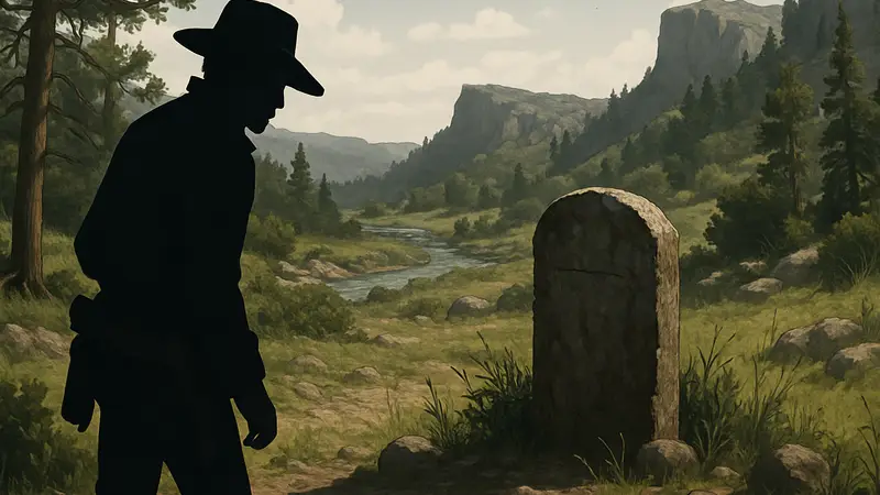 Скрытое надгробие, найденное игроком в Red Dead Redemption 2 на фоне диких пейзажей.