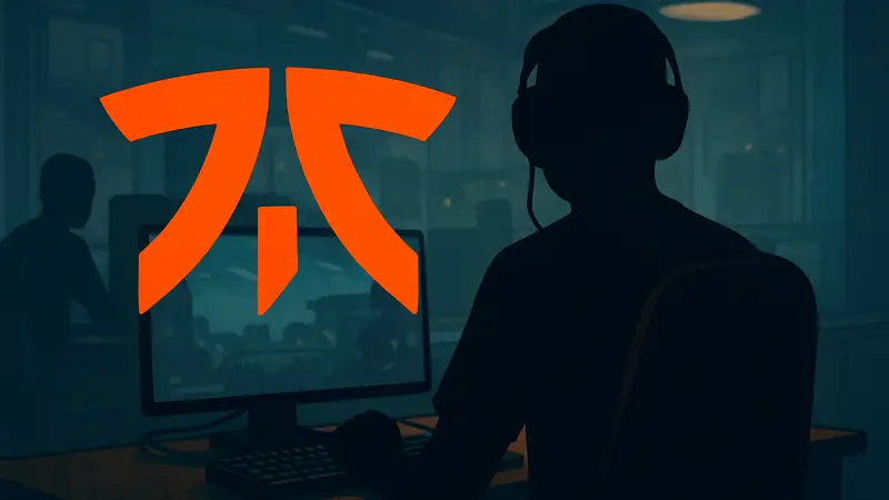 Логотип киберспортивной команды Fnatic на фоне игрока, сидящего за компьютером