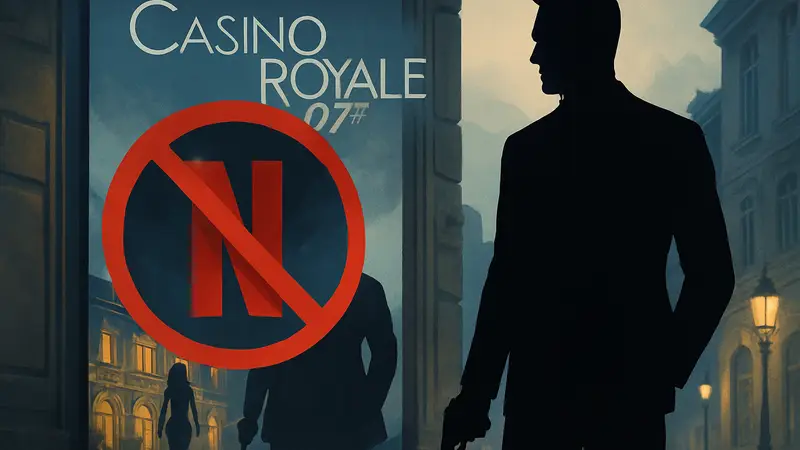Постер фильма о Джеймсе Бонде, например, "Казино Рояль" или "007: Скайфолл", с логотипом Netflix, перечеркнутым.
