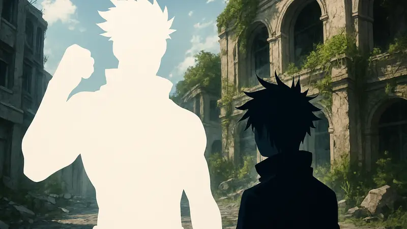 Колдун из аниме Jujutsu Kaisen, символизирующий силу, на фоне Мегуми Фушигуро